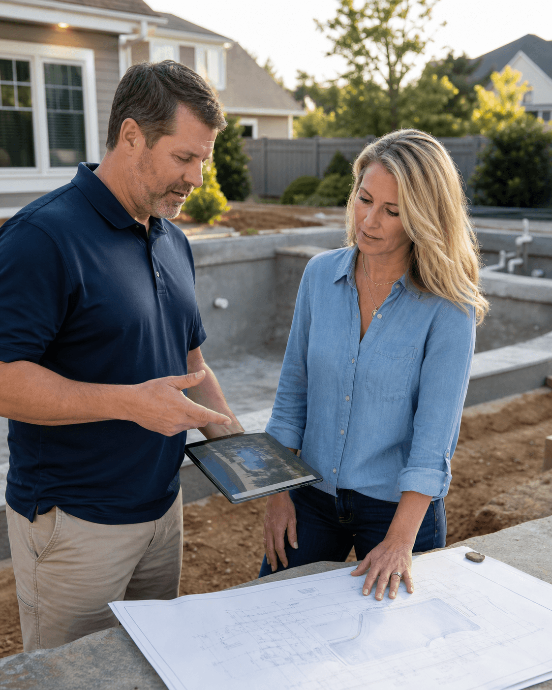 Pool designer reviewing a custom backyard project with a homeowner