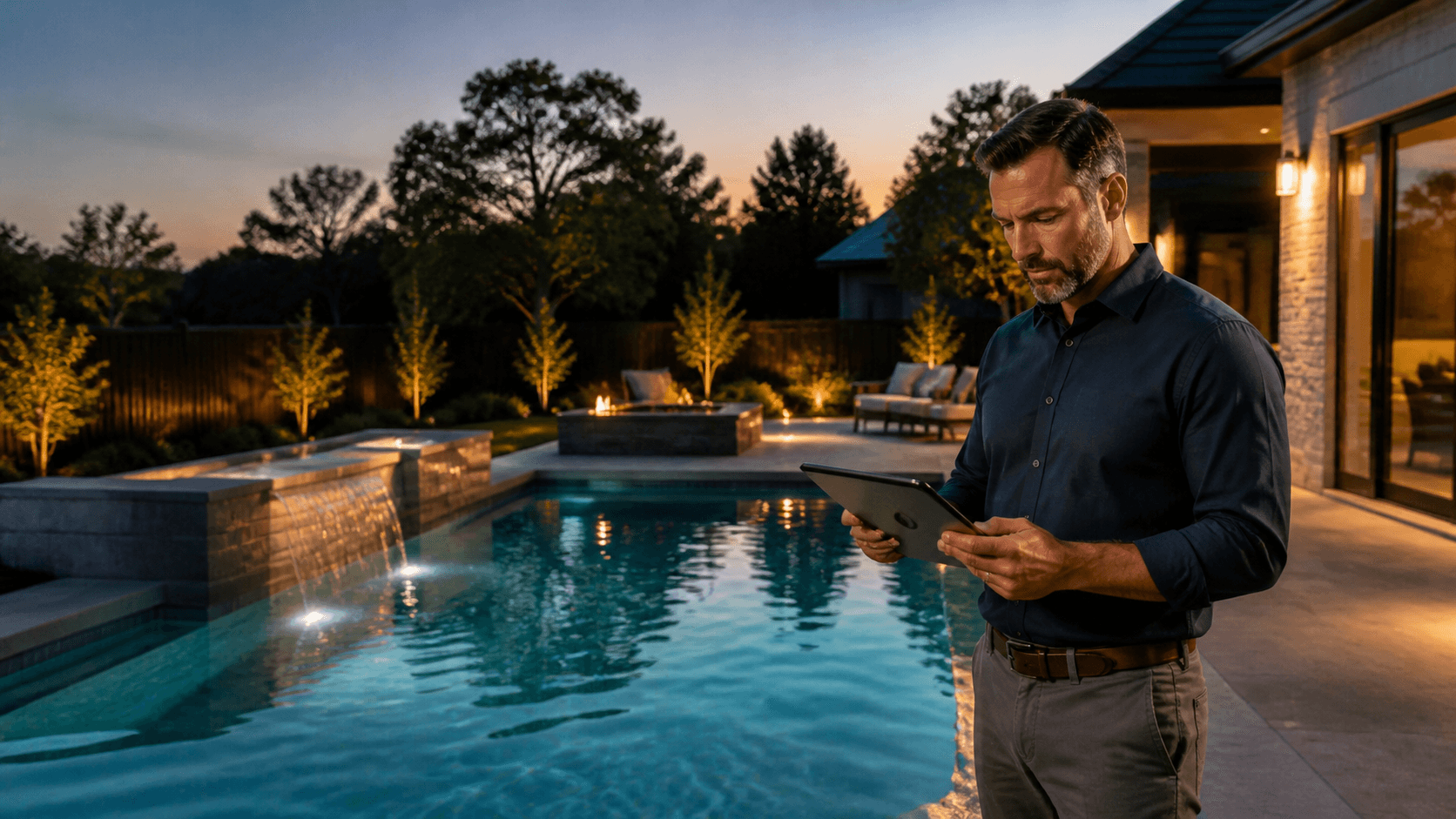 Custom pool builder reviewing a qualified homeowner project beside a completed swimming pool